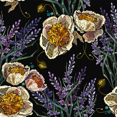 Yellow peonies and lavender flowers. Embroidery floral style. Summer garden seamless pattern. Fashion template for clothes, t-shirt design - 734885592