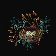 Bird nest and meadow herbs. Fashion spring garden template for clothes, t-shirt design. Embroidery floral style