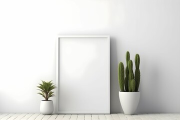 AI generated illustration of a blank white frame near two potted green plants