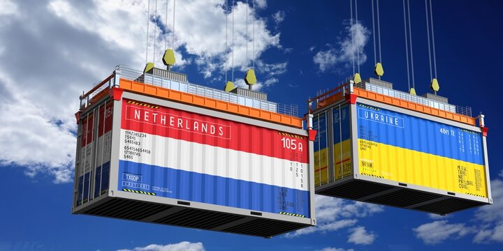Shipping containers with flags of Netherlands and Ukraine - 3D illustration