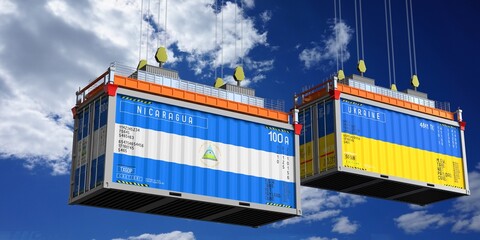 Shipping containers with flags of Nicaragua and Ukraine - 3D illustration