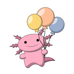 Cute cartoon Axolotl with helium balloon in color