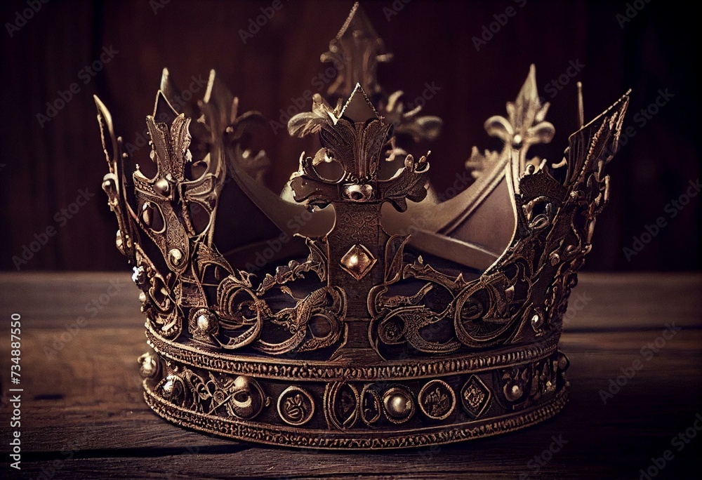 Poster low key image of beautiful queen/king crown over wooden table. vintage filtered. fantasy medieval period. Generative AI - Posters