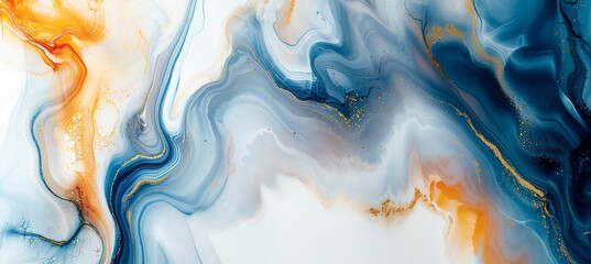 Marble ink abstract art background with blue, orange, and gold paints in alcohol ink technique.