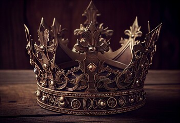 low key image of beautiful queen/king crown over wooden table. vintage filtered. fantasy medieval period. Generative AI