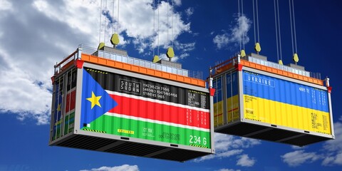 Shipping containers with flags of South Sudan and Ukraine - 3D illustration