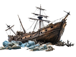 a shipwrecked wreck on rocks