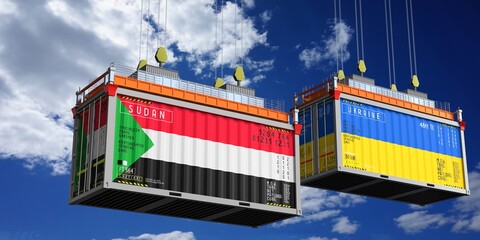 Shipping containers with flags of Sudan and Ukraine - 3D illustration