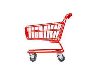 a red shopping cart with black wheels