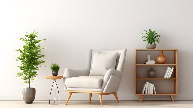 home beautiful interior template mockup living room design background cosy armchair with wooden cabinet bookshelf bright clean and clear interior space home background design