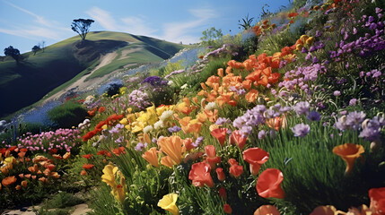 flowers in the mountains, spring in the mountains,,
Hermosa montaña y bosque con fondo de flores - obrazy, fototapety, plakaty