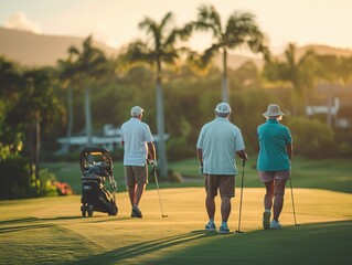 A group of retirees playing golf together at a scenic course, enjoying leisure activities in their golden years - obrazy, fototapety, plakaty