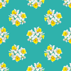 Watercolour daffodils spring flowers decor illustration seamless pattern. On blue green background. Seasonal. Hand-painted. Botanical Floral elements. For interior print decoration, fabric, wrapping. 