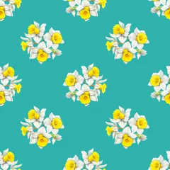 Abwaschbare Fototapete Watercolour daffodils spring flowers decor illustration seamless pattern. On blue green background. Seasonal. Hand-painted. Botanical Floral elements. For interior print decoration, fabric, wrapping.  © Nataliia