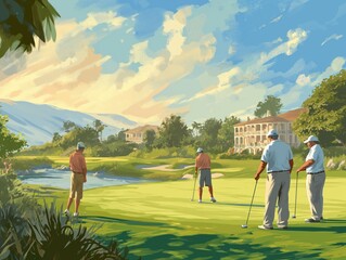 Cartoon illustration of a group of retirees playing golf together at a scenic course, enjoying leisure activities in their golden years - obrazy, fototapety, plakaty