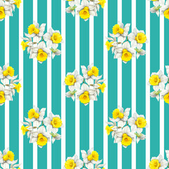 Watercolour daffodils spring flowers decor illustration stripe seamless pattern. On blue green background. Hand-painted. Botanical Floral elements. For interior print decoration, fabric, wrapping