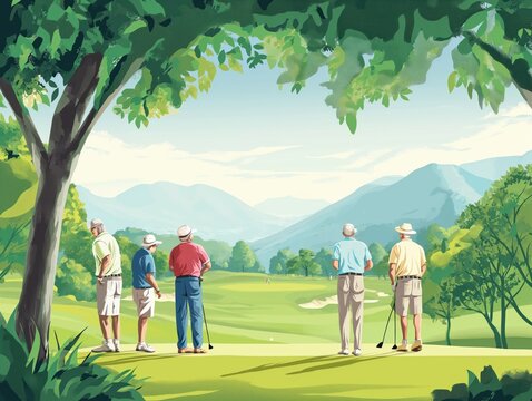 Cartoon illustration of a group of retirees playing golf together at a scenic course, enjoying leisure activities in their golden years