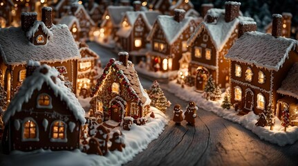 AI generated illustration of a miniature Christmas village, featuring festive houses