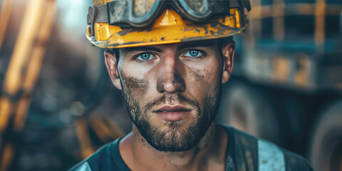Construction Worker Portrait, copy space. Close-up of a construction worker with dirty streaked face under a worn safety helmet.