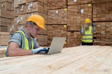 Male warehouse worker working with laptop computer in lumber storage warehouse. Worker working in...