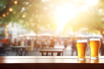 glass of beer on table with sun light