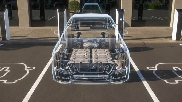 X-ray view of a generic autonomous electric car charging in front of an office building. Chassis with battery cells visible. Decarbonisation and zero emission concept. Realistic 3d animation rendering