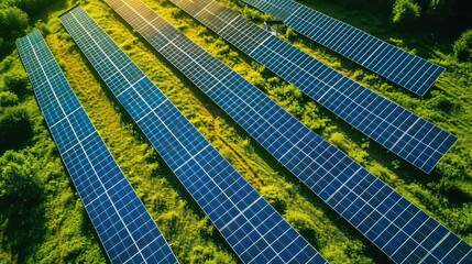 Aerial view of Solar panel, photovoltaic, alternative electricity source - concept of sustainable resources on a sunny day.