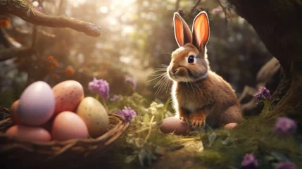 Tuinposter  easter bunny rabbits with eggs © nataliya_ua