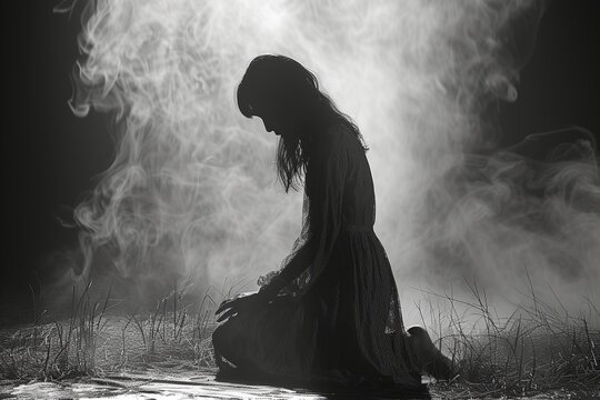Experience a serene and spiritual moment as you witness the silhouette of a woman kneeling in prayer, captured in a realistic photo that conveys peace, faith, and contemplation.