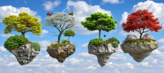 Enchanting aerial vista of surreal floating island with mystical flora and fauna - obrazy, fototapety, plakaty