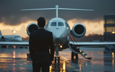 business man in front of a luxury private jet at the airport