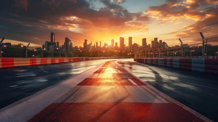 Foto op Canvas Race track road and bridge with city skyline at sunset. © Santy Hong