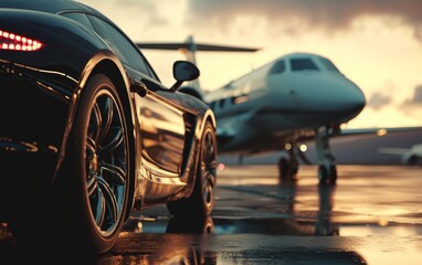 luxury supercar parket in front of a private jet at the airport