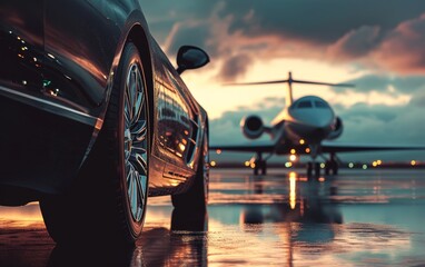 luxury supercar parket in front of a private jet at the airport - obrazy, fototapety, plakaty