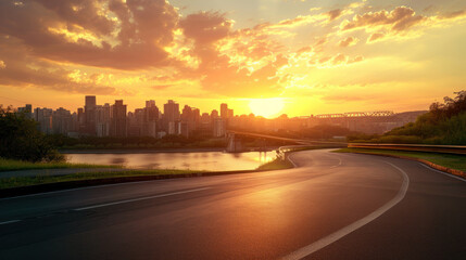 Race track road and bridge with city skyline at sunset. - obrazy, fototapety, plakaty