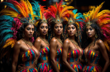 Group of Women in Colorful Brazilian Carnival Costumes Standing Together