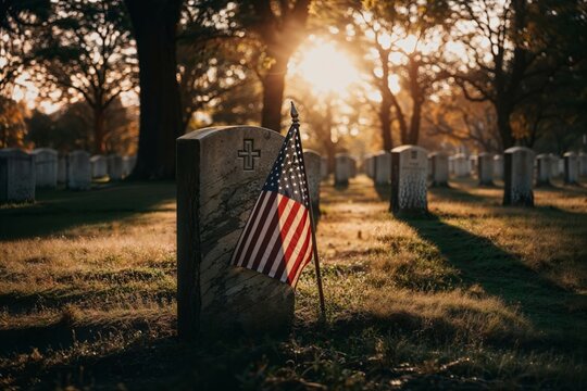 An image of the American flag respectfully placed on a grave in a cemetery.