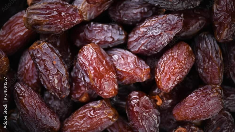 Canvas Prints Date fruits. Dates fruit close up design background. Heap of Medjool dates close up, macro shot. Dried fruits, healthy vegan food backdrop rotating