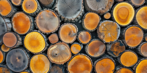 Cut Poplar Tree Logs Piled Up Closeup. Pile of freshly cut poplar logs, showcasing the natural patterns and annual rings. - obrazy, fototapety, plakaty