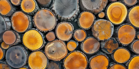 Foto op Plexiglas Cut Poplar Tree Logs Piled Up Closeup. Pile of freshly cut poplar logs, showcasing the natural patterns and annual rings. © dinastya