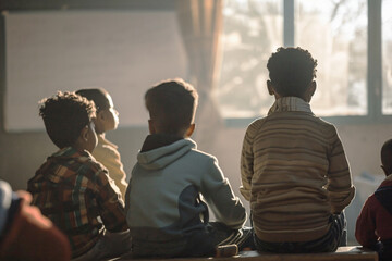 Fototapeta premium Little boys of different nationalities are sitting indoors and listening to someone. The view from their back.