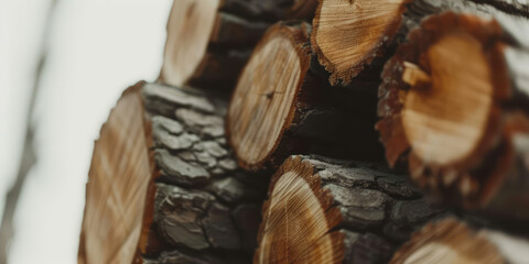 Cut Poplar Tree Logs Piled Up Closeup. Pile of freshly cut poplar logs, showcasing the natural patterns and annual rings.