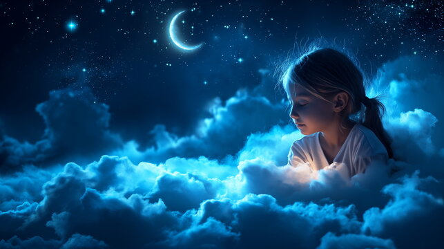 child is peacefully sleeping in clouds under a deep blue starry sky with a faint moon shining above