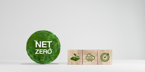 2050 year, Net zero and carbon neutral concept. CO2 reducing icon print screen on wooden and world...