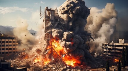 illustration of a burning building hit by a rocket attack - obrazy, fototapety, plakaty