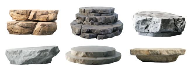 Collection set of long flat big hard rock boulder stone podium stage display with steps platform on transparent background cutout, PNG file. Many different design. Mockup template artwork graphic