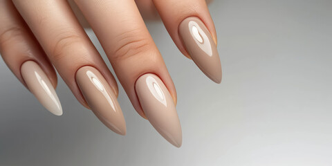 Elegant Neutral Manicure Closeup. Close-up of woman's hands showcasing a stylish neutral colored manicure. - obrazy, fototapety, plakaty