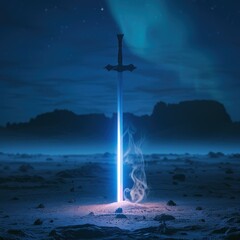 The king's sword has a strong energy stuck in the sand with a stunning and elegant outer space background complete with the reflection of the glowing bluish smoke. Generative Ai