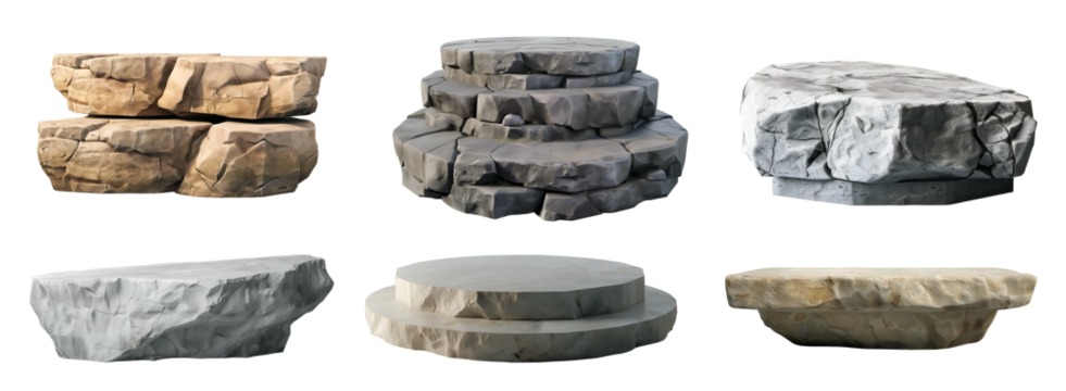 Collection set of long flat big hard rock boulder stone podium stage display with steps platform on transparent background cutout, PNG file. Many different design. Mockup template artwork graphic