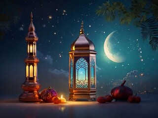 Obraz premium Ramadan Kareem greeting card. Arabic lanterns and crescent moon over the night sky